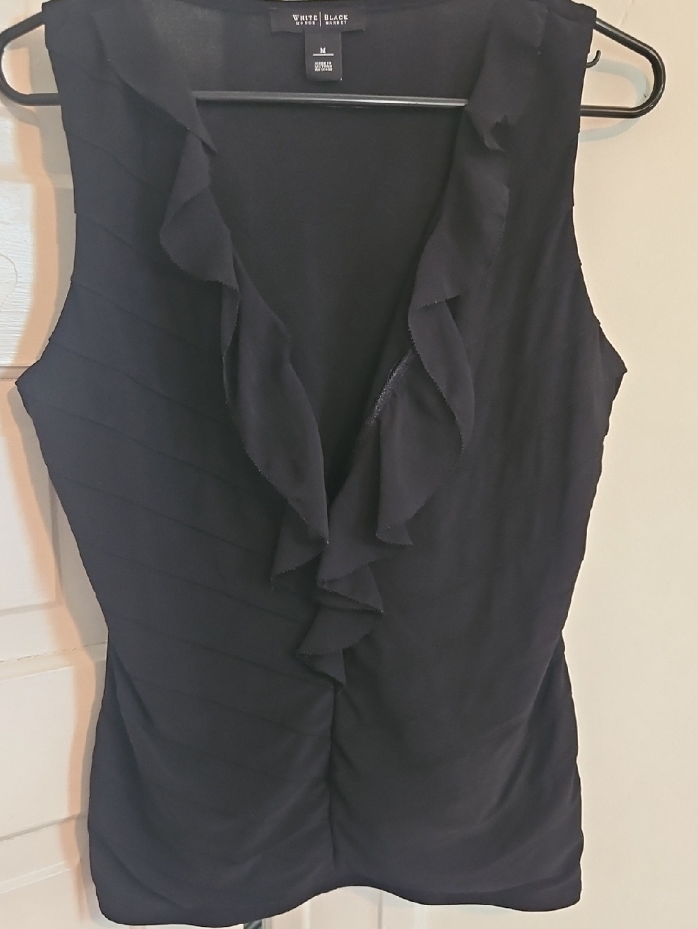 White House Black Market Black Sleeveless Ruffle V-Neck Top